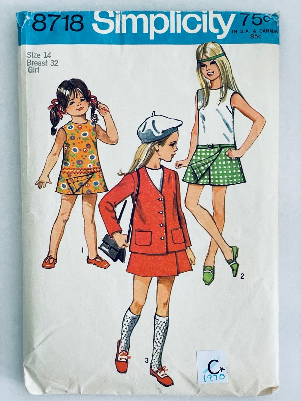 Vintage 70s Simplicity 8718 Girls Pantdress Jacket Sewing Sz 14 INCOMPLETE READ